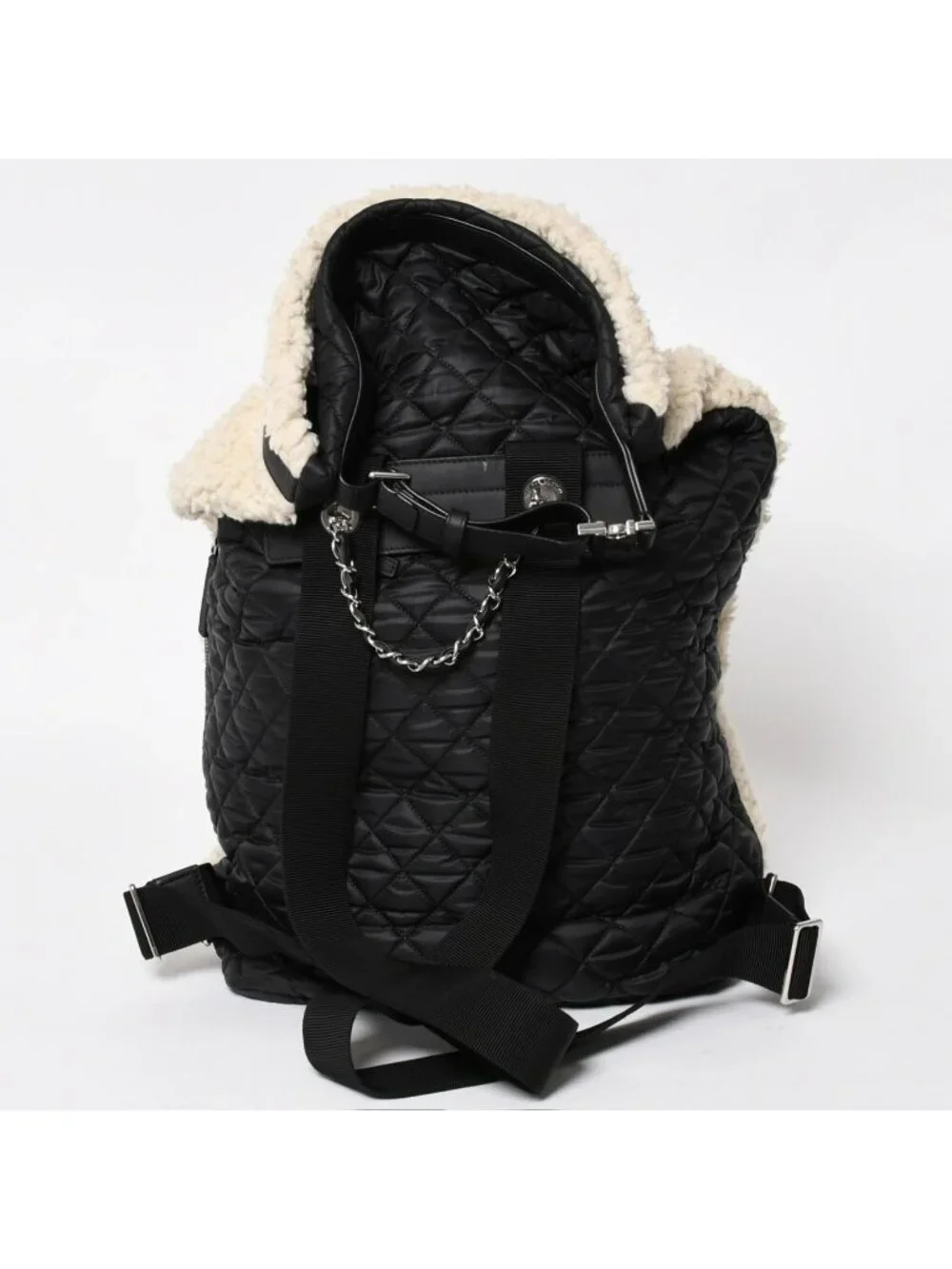 Chanel Coco Niege Neige Backpack CC Logo Nylon Fleece Beige Black